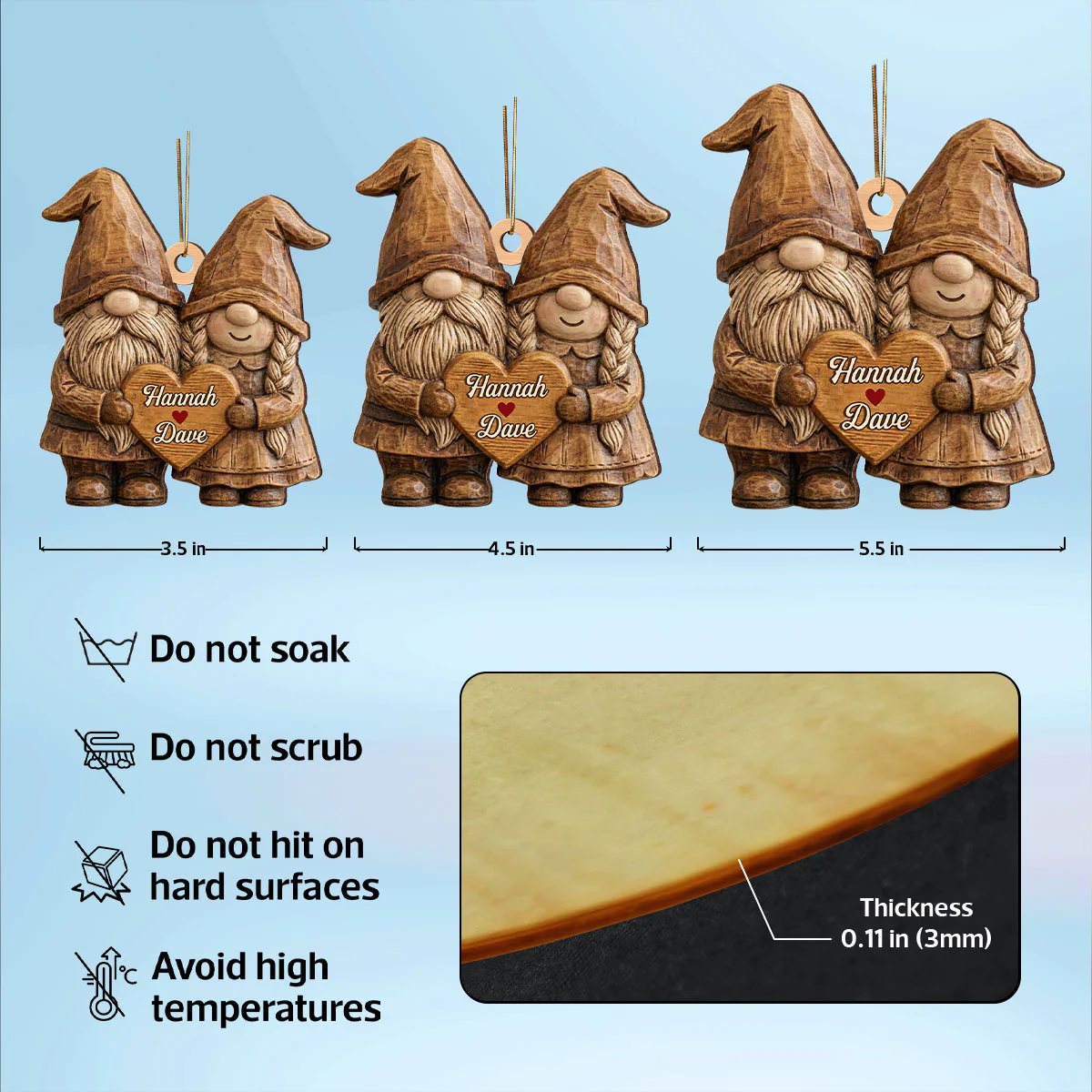 3D Effect Gnome Couple Standing - Personalized Wooden Ornament - Gift For Him, Gift For Her - Image 7