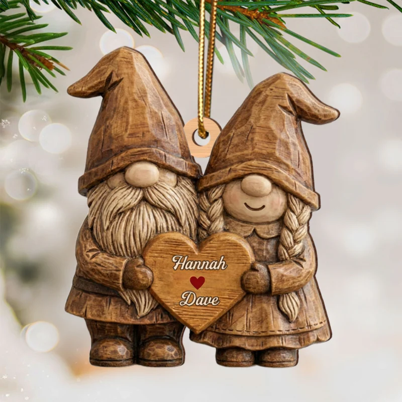3D Effect Gnome Couple Standing - Personalized Wooden Ornament - Gift For Him, Gift For Her - Image 8