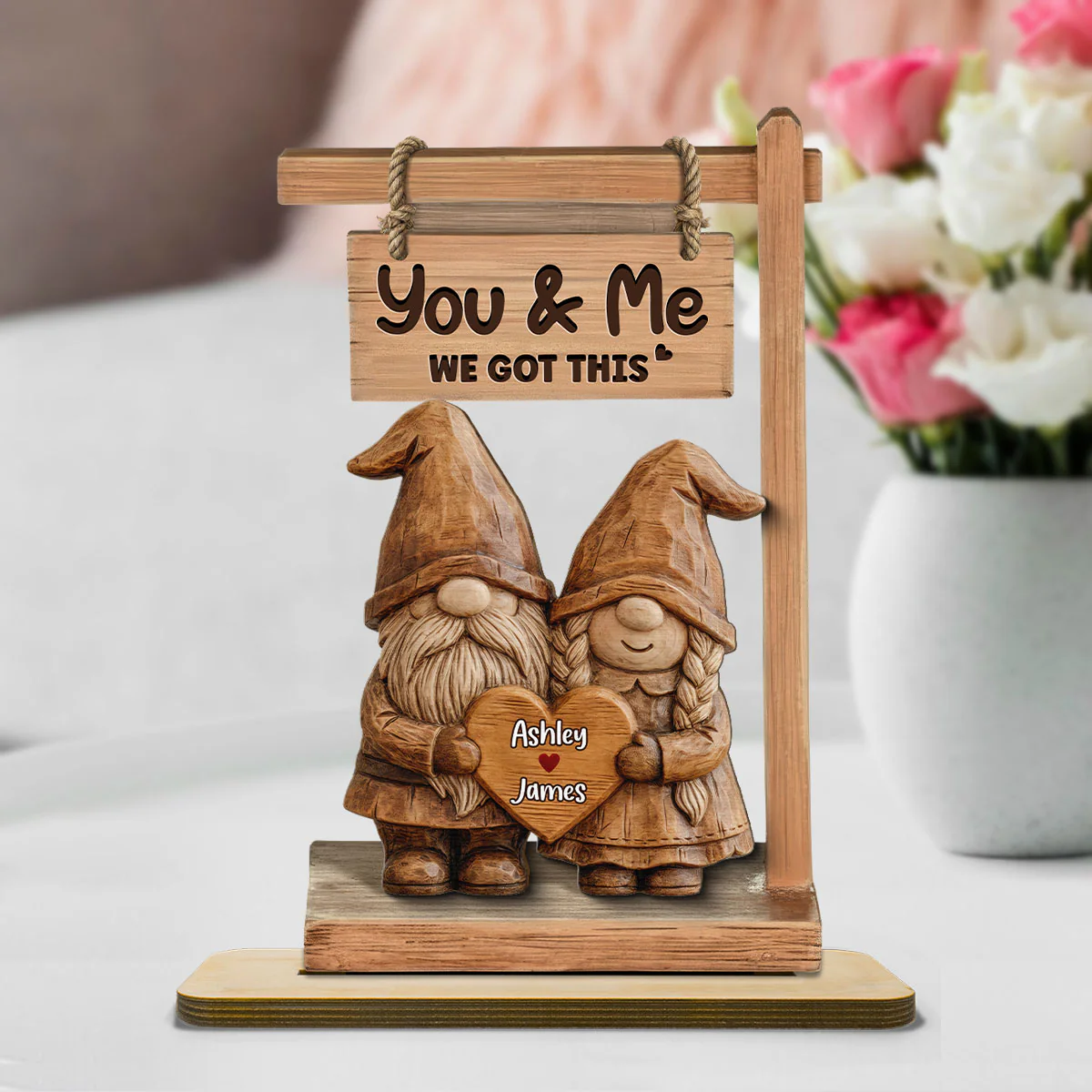 3D Effect Gnome Couple Standing - Personalized 2-Layered Wooden Plaque - Perfect Valentine's Day Gift For Him, Gift For Her - Image 2