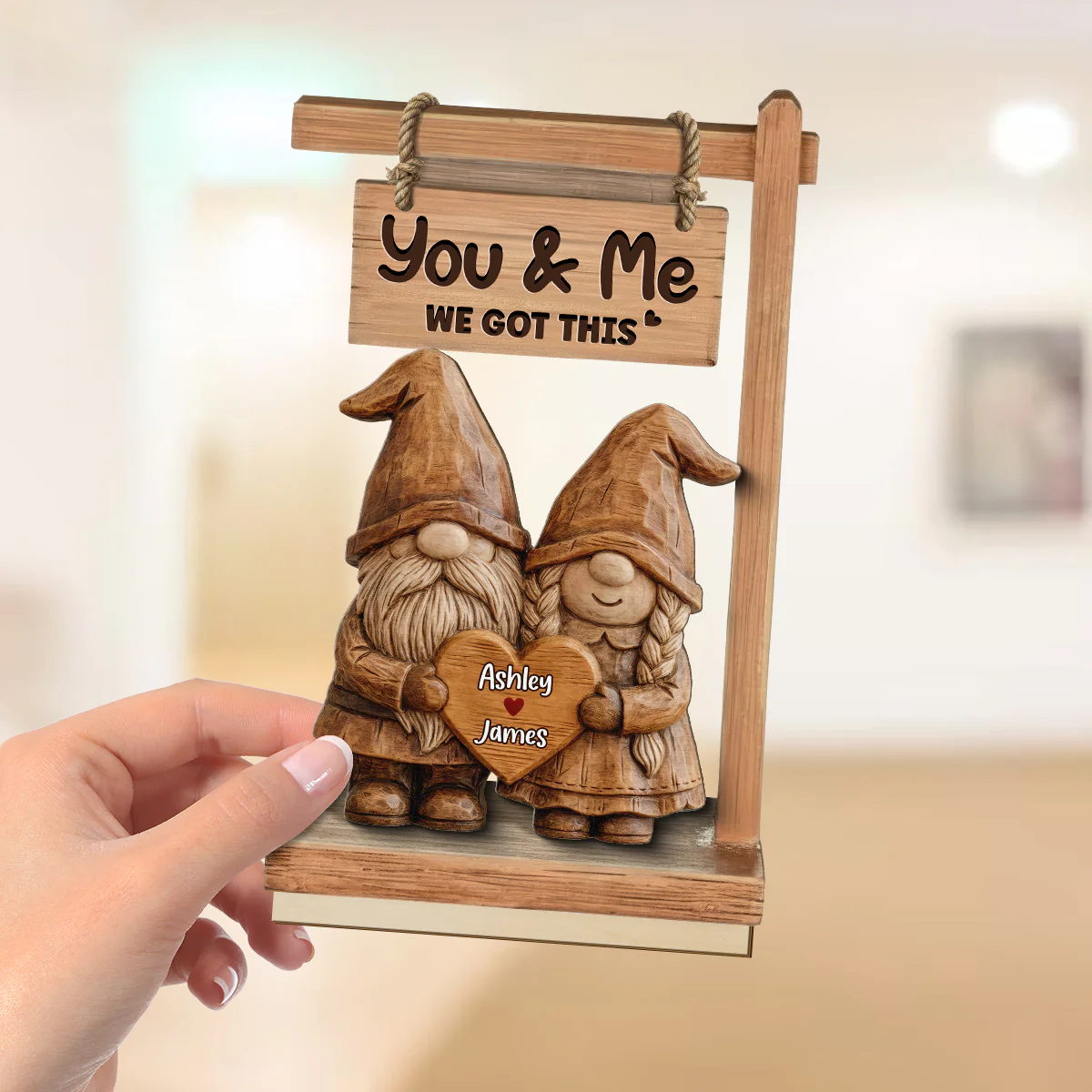 3D Effect Gnome Couple Standing - Personalized 2-Layered Wooden Plaque - Perfect Valentine's Day Gift For Him, Gift For Her - Image 4