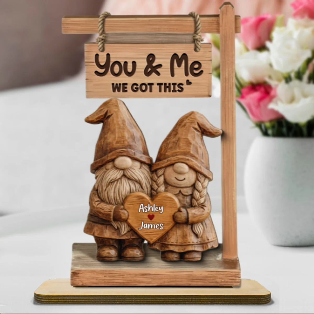 3D Effect Gnome Couple Standing - Personalized 2-Layered Wooden Plaque - Perfect Valentine's Day Gift For Him, Gift For Her - Image 8