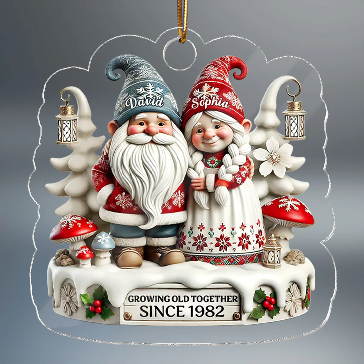 3D Effect Gnome Couple Together Christmas - Personalized Acrylic Ornament - Gift for Him, Gift for Her - Image 2