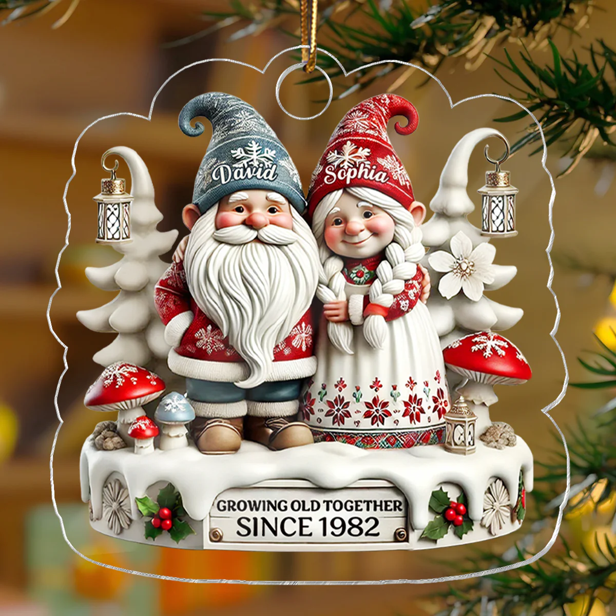 3D Effect Gnome Couple Together Christmas - Personalized Acrylic Ornament - Gift for Him, Gift for Her - Image 3