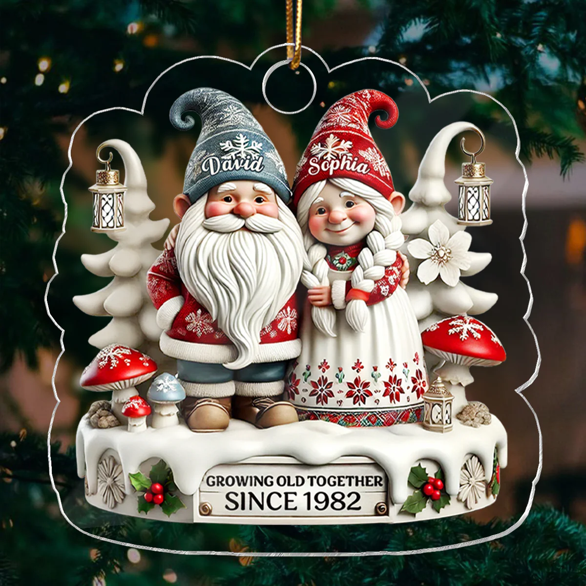 3D Effect Gnome Couple Together Christmas - Personalized Acrylic Ornament - Gift for Him, Gift for Her - Image 4