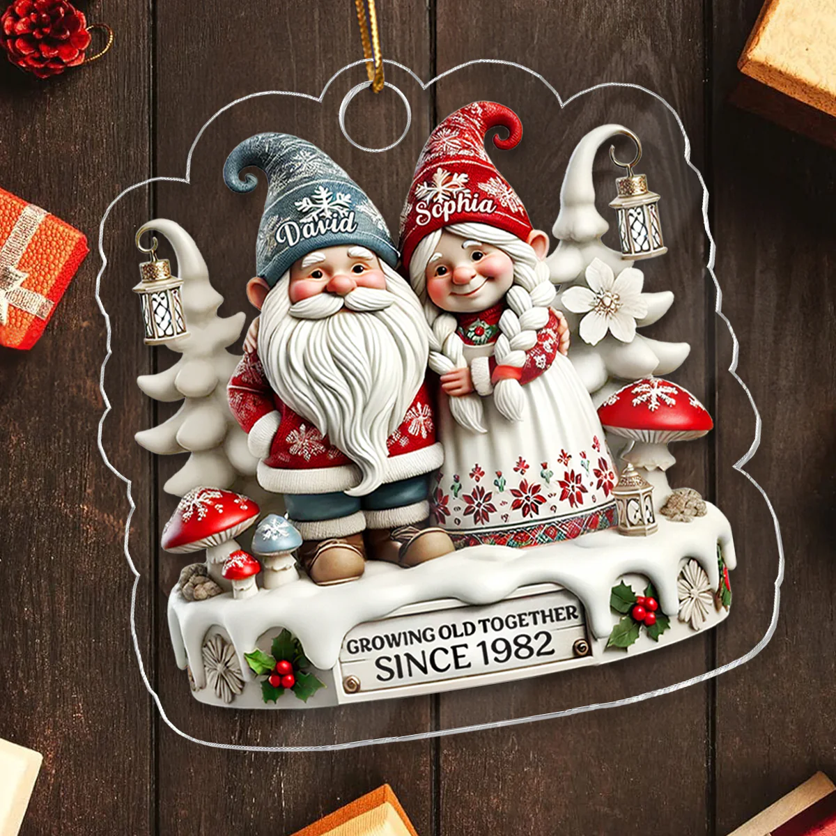 3D Effect Gnome Couple Together Christmas - Personalized Acrylic Ornament - Gift for Him, Gift for Her - Image 5