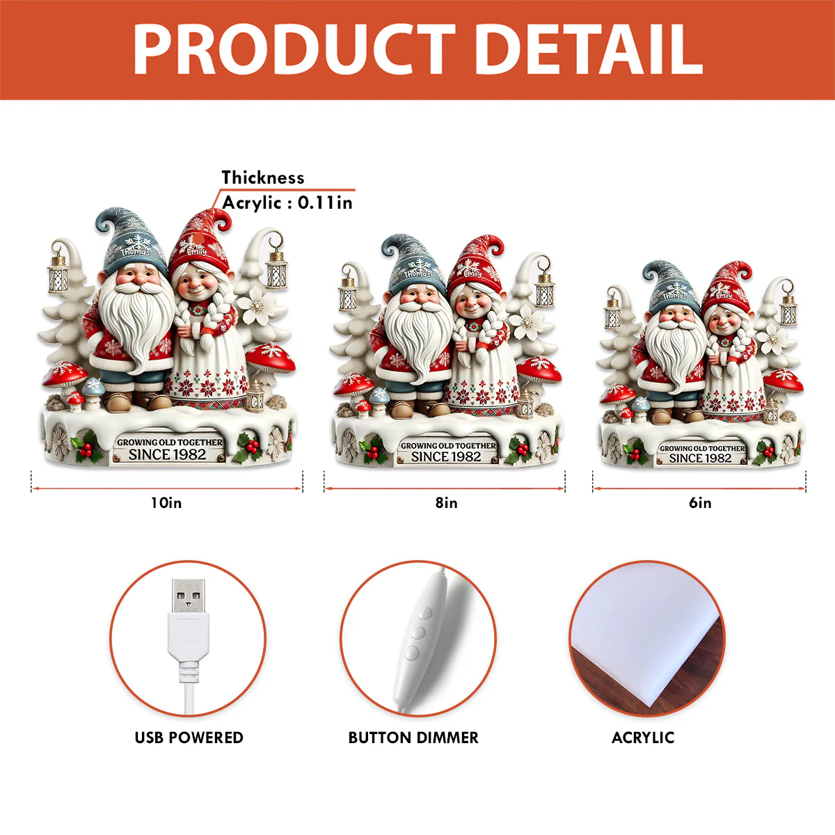 3D Effect Christmas Gnome Couple Growing Old Together - Personalized Light Box - Heartwarming Gift For Couple - Image 6
