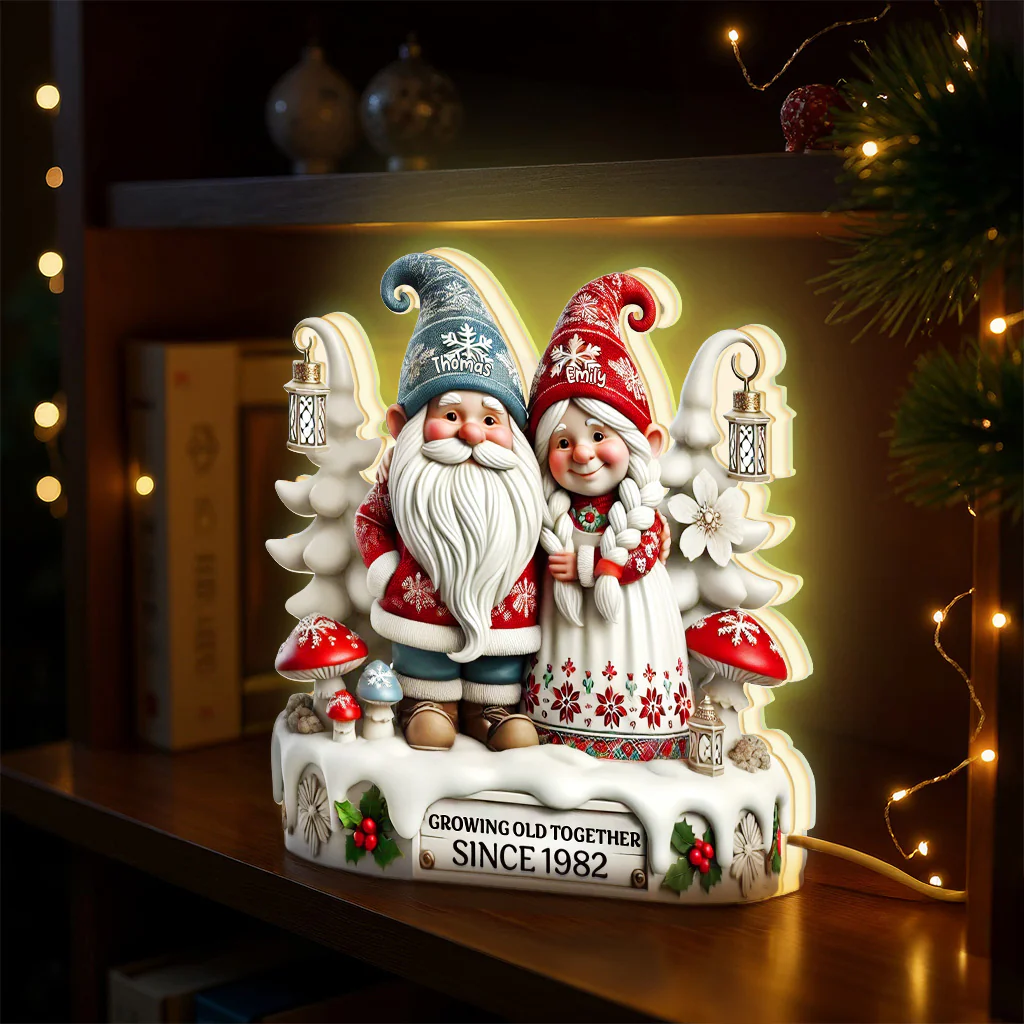3D Effect Christmas Gnome Couple Growing Old Together - Personalized Light Box - Heartwarming Gift For Couple - Image 8