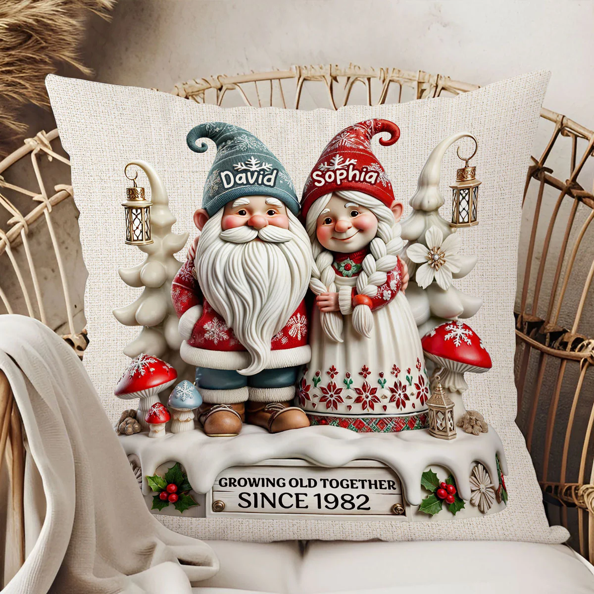 3D Effect Gnome Couple Together Personalized Pillow, Heartfelt  Gift For Couple, For Him, For Her, Husband, Wife