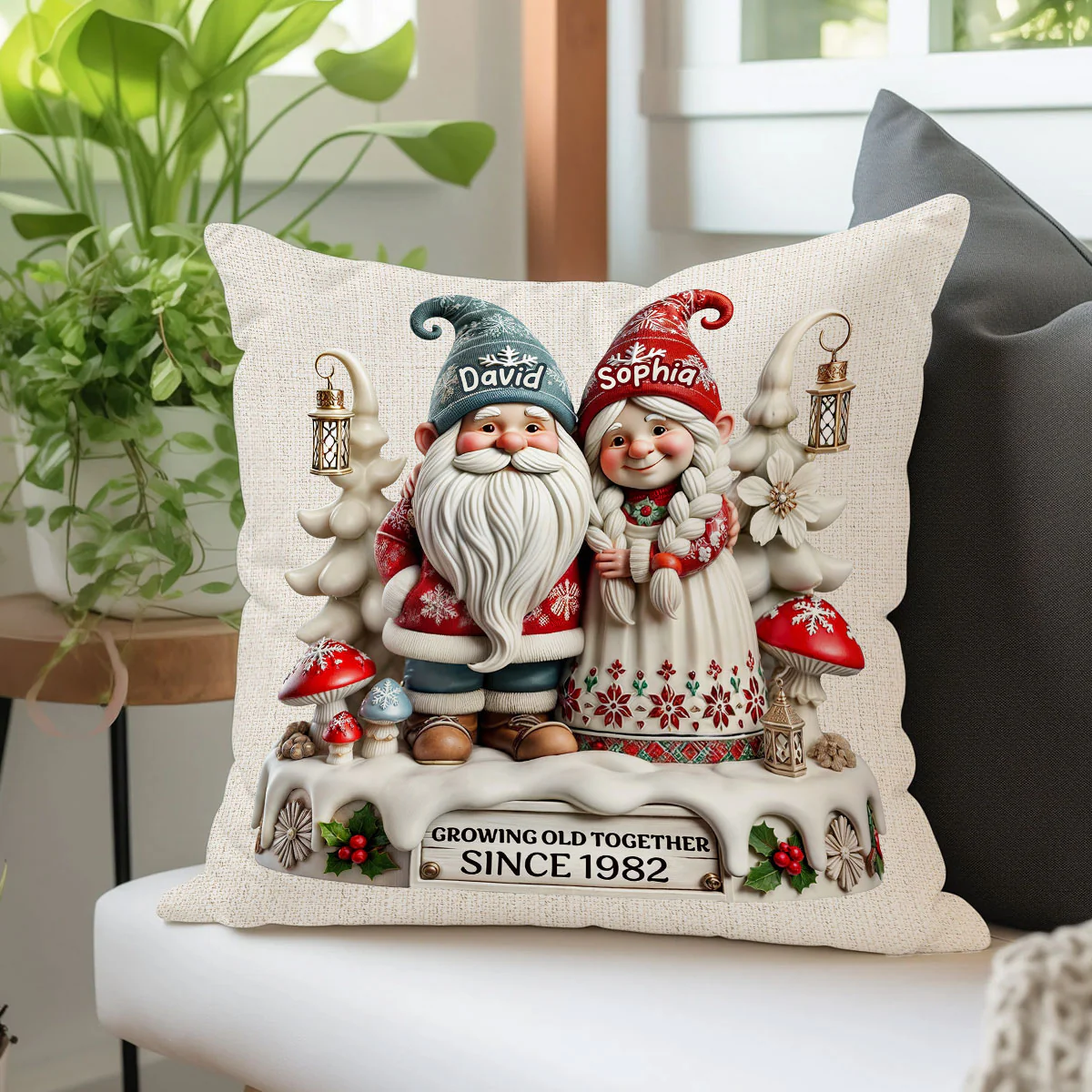 3D Effect Gnome Couple Together Personalized Pillow, Heartfelt  Gift For Couple, For Him, For Her, Husband, Wife - Image 3