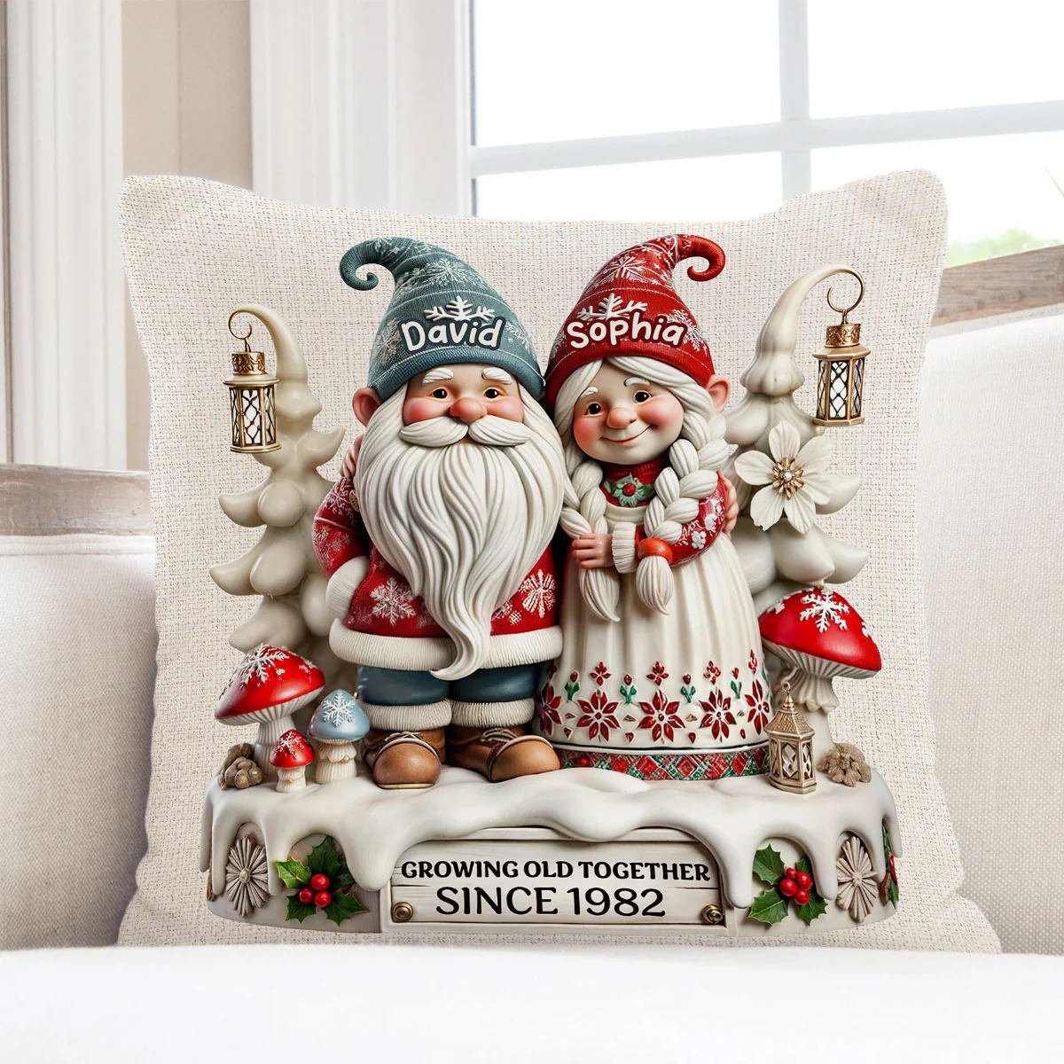 3D Effect Gnome Couple Together Personalized Pillow, Heartfelt  Gift For Couple, For Him, For Her, Husband, Wife - Image 4