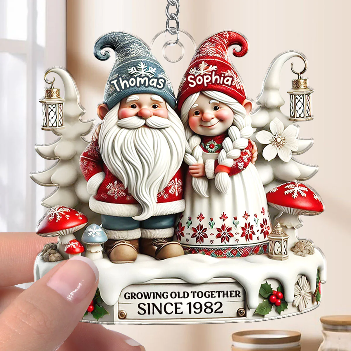 3D Effect Gnome Couple Together Personalized Acrylic Keychain, Gift For Him, For Her, Husband, Wife - Image 4
