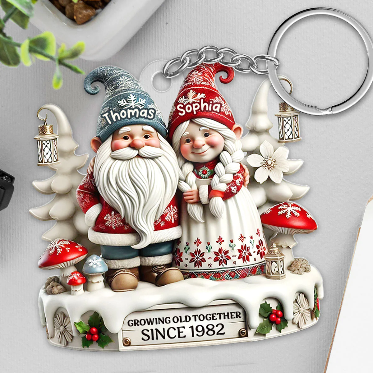 3D Effect Gnome Couple Together Personalized Acrylic Keychain, Gift For Him, For Her, Husband, Wife - Image 6