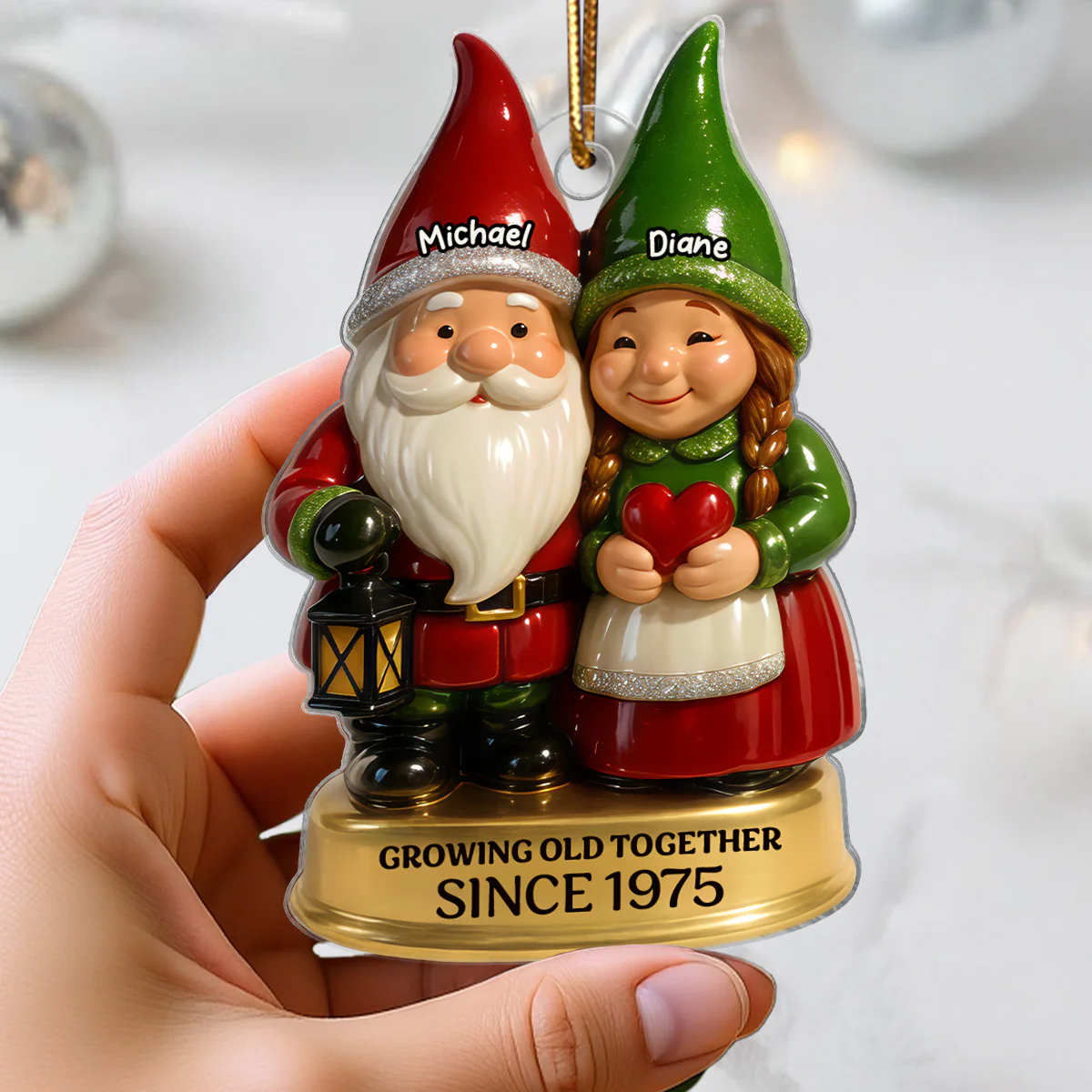 3D Effect Gnome Couple Vintage Nostalgic Christmas Personalized Flat Acrylic Ornament - Image 2