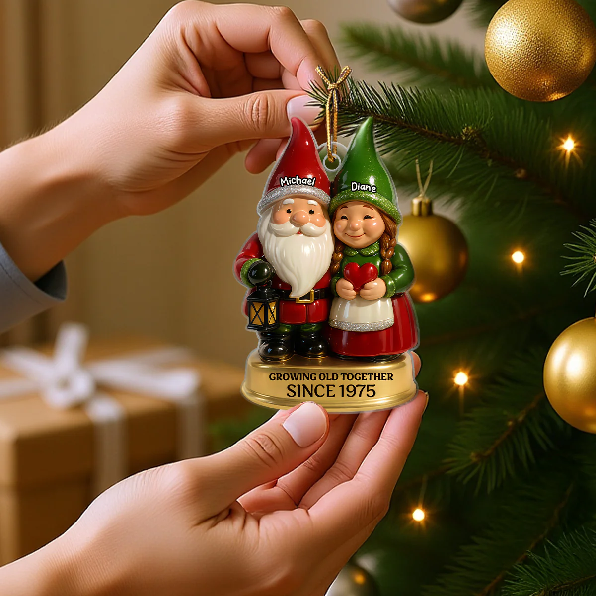 3D Effect Gnome Couple Vintage Nostalgic Christmas Personalized Flat Acrylic Ornament - Image 3