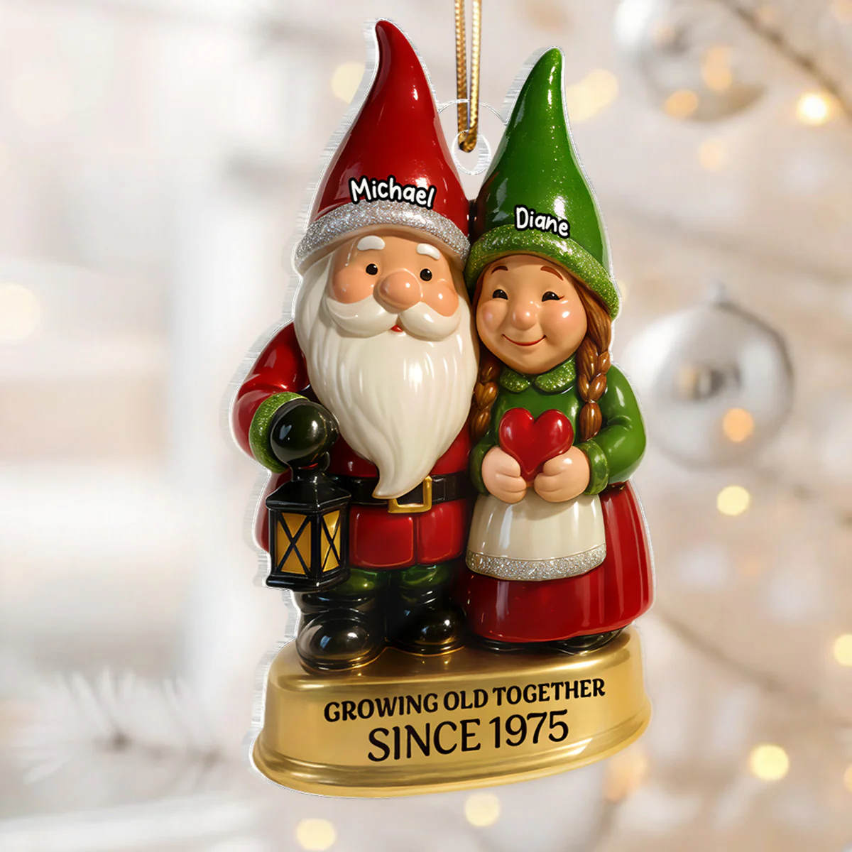 3D Effect Gnome Couple Vintage Nostalgic Christmas Personalized Flat Acrylic Ornament - Image 4
