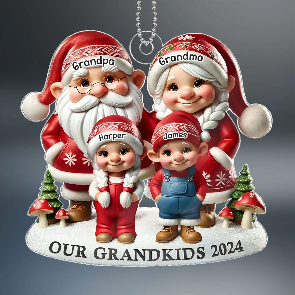 3D Effect Gnome Grandma Grandpa And Grandkids Christmas Personalized Acrylic Car Hanger Ornament - Image 2