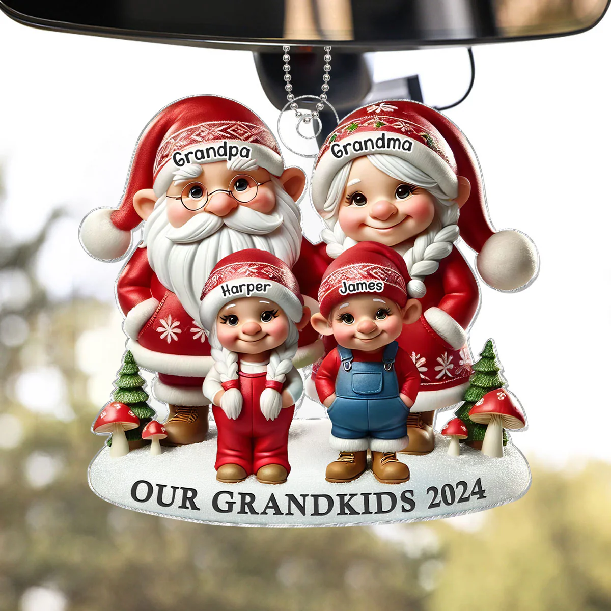 3D Effect Gnome Grandma Grandpa And Grandkids Christmas Personalized Acrylic Car Hanger Ornament - Image 3