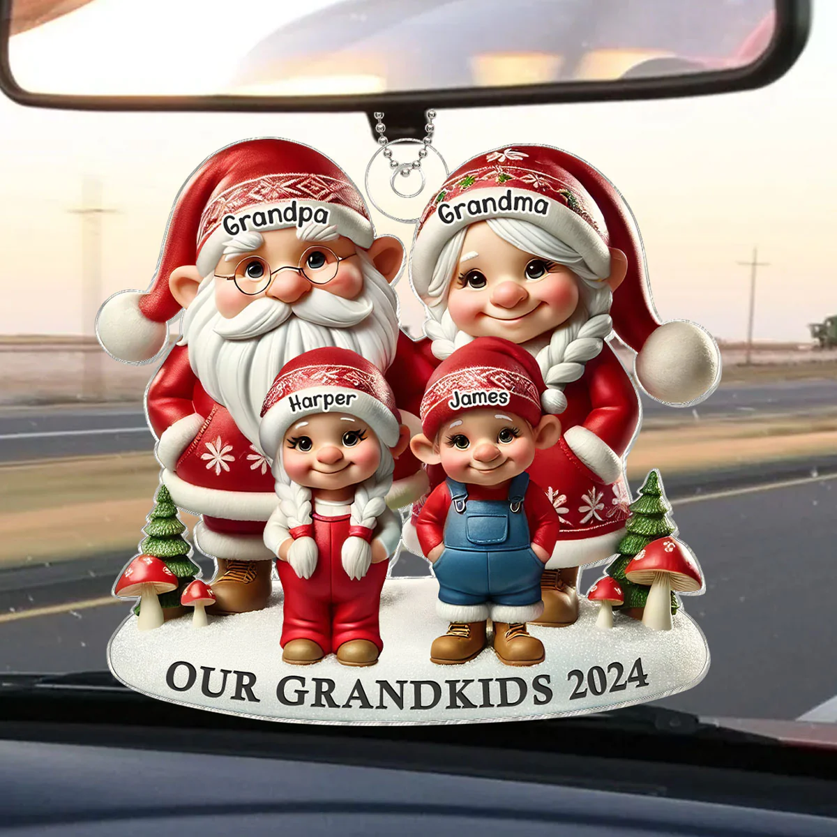 3D Effect Gnome Grandma Grandpa And Grandkids Christmas Personalized Acrylic Car Hanger Ornament - Image 4