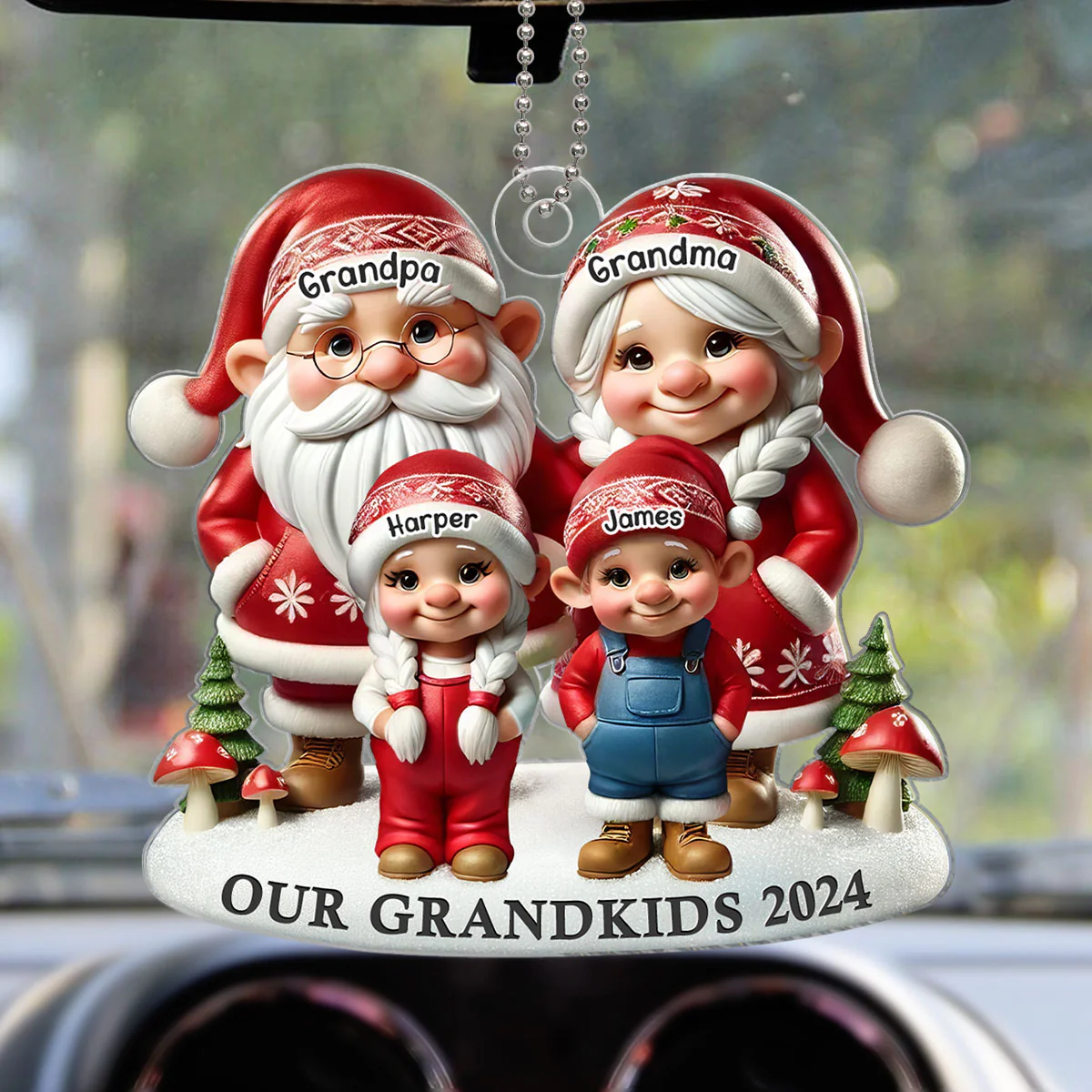 3D Effect Gnome Grandma Grandpa And Grandkids Christmas Personalized Acrylic Car Hanger Ornament - Image 7