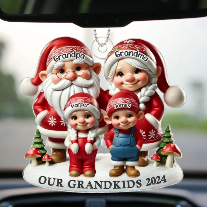 3D Effect Gnome Grandma Grandpa And Grandkids Christmas Personalized Acrylic Car Hanger Ornament - Image 9