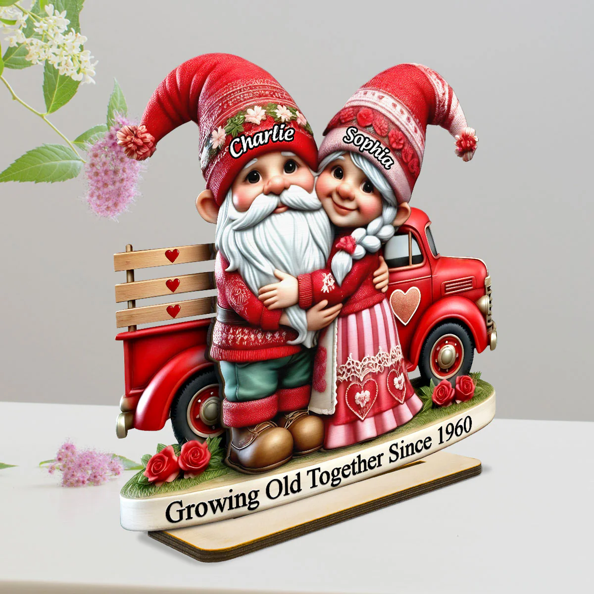3D Effect Gnome Couple Truck Personalized 2-Layer Standing Wooden Plaque, Heartfelt Gift For Her, For Wife - Image 3