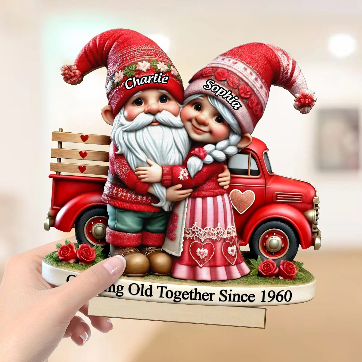 3D Effect Gnome Couple Truck Personalized 2-Layer Standing Wooden Plaque, Heartfelt Gift For Her, For Wife - Image 4