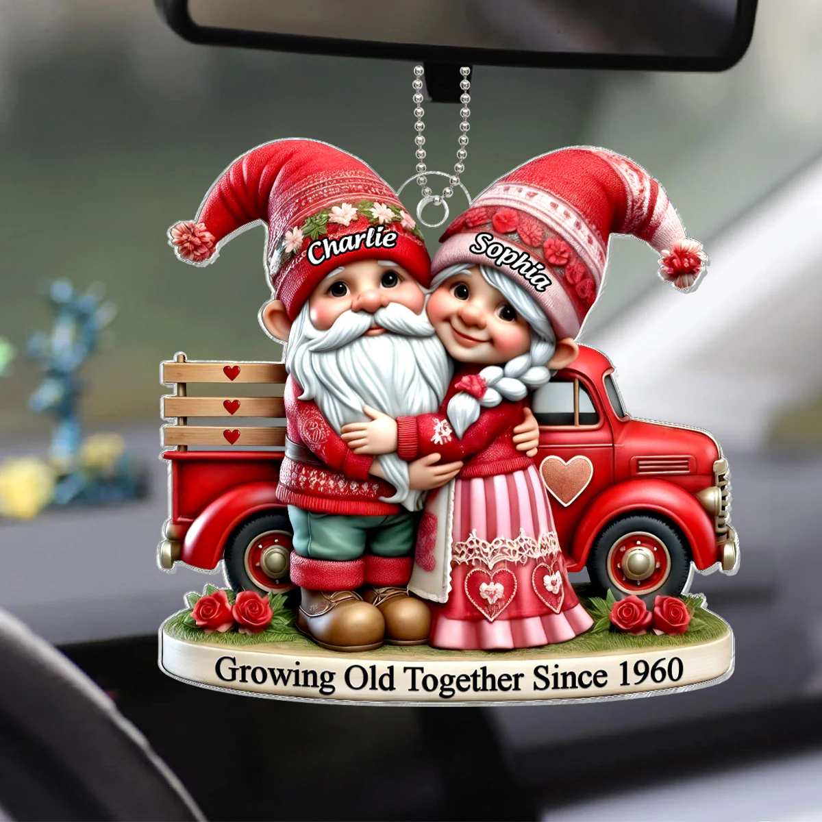 3D Effect Gnome Old Couple And Truck Personalized Car Hanger Ornament, Gift For Couple, For Him, For Her, Husband, Wife