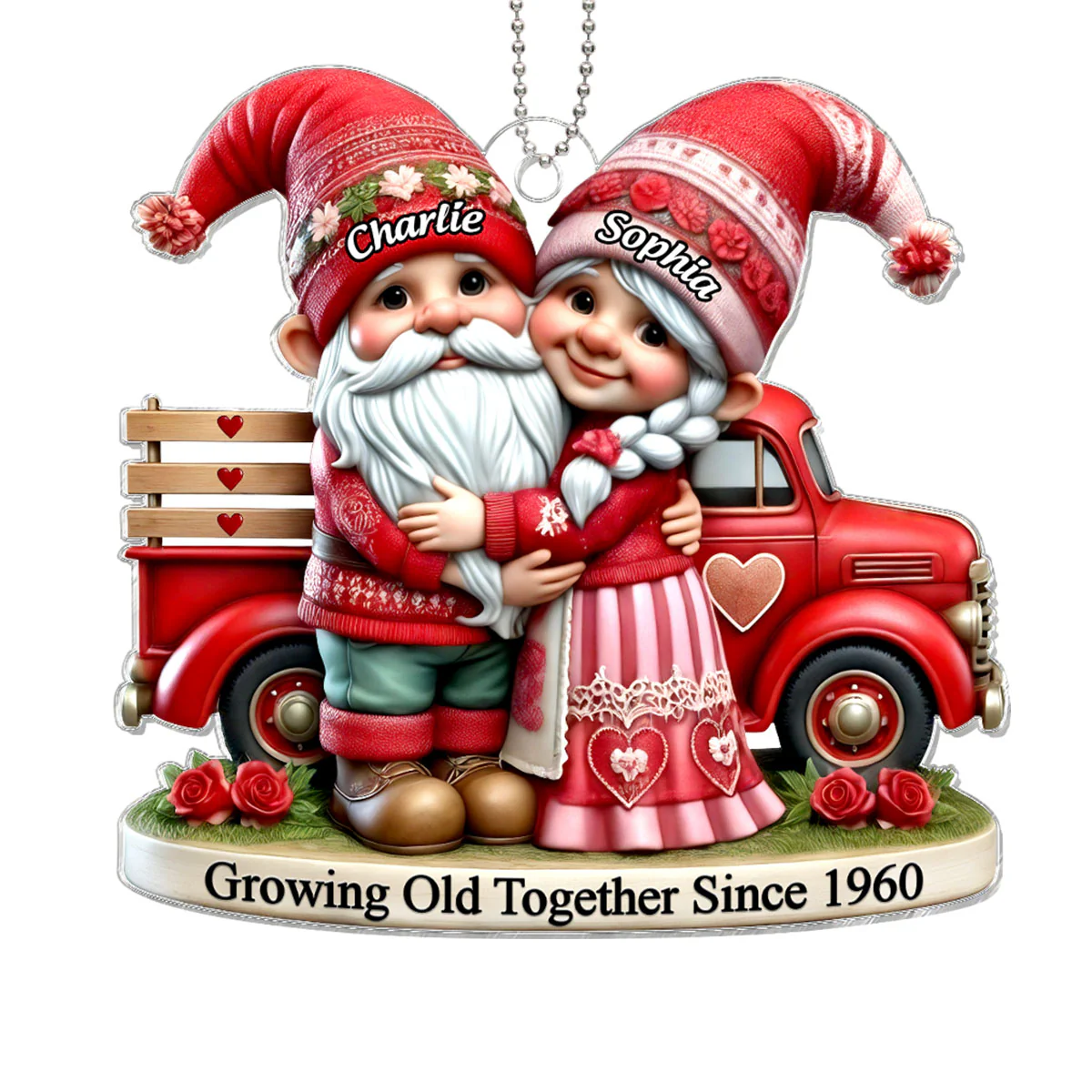 3D Effect Gnome Old Couple And Truck Personalized Car Hanger Ornament, Gift For Couple, For Him, For Her, Husband, Wife - Image 2