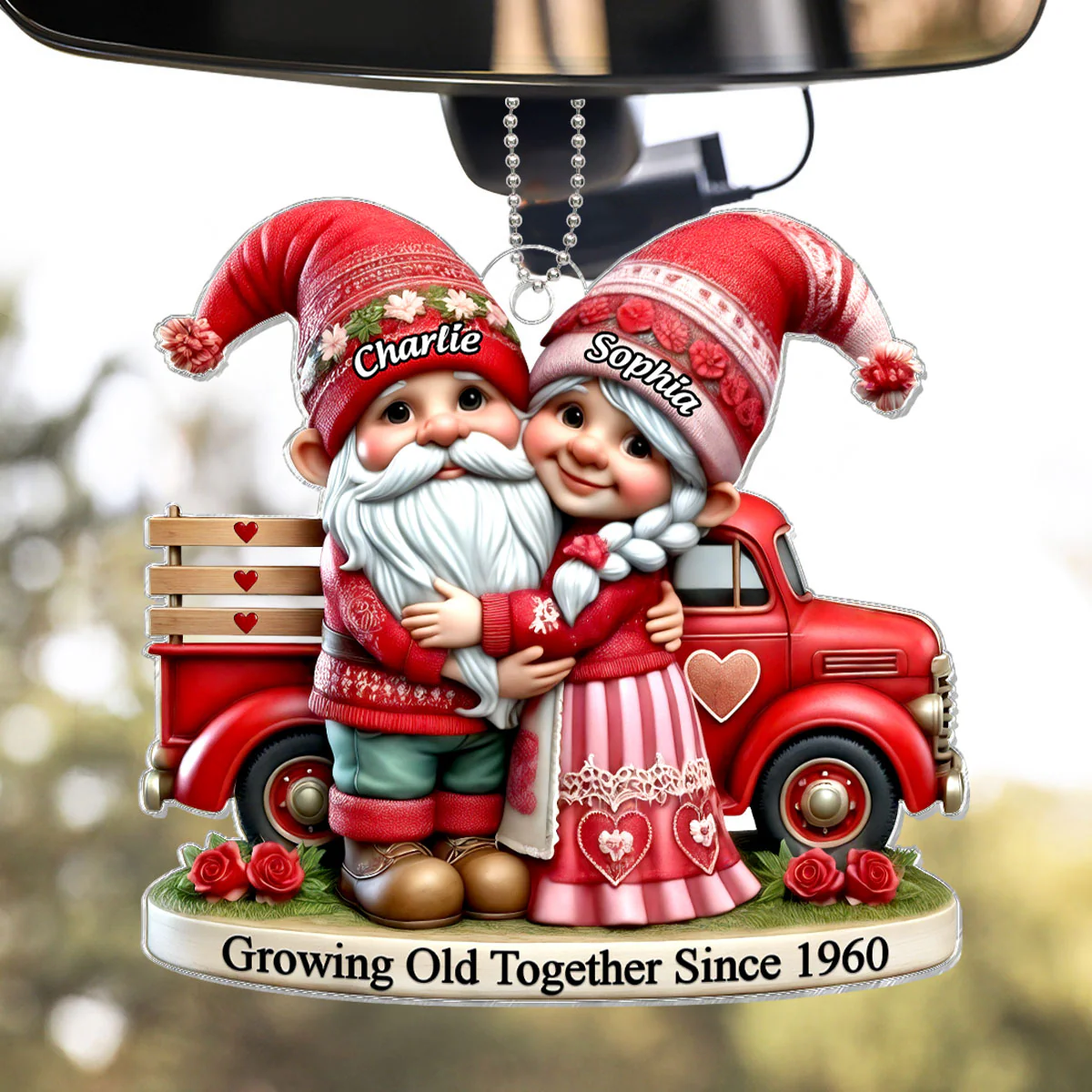 3D Effect Gnome Old Couple And Truck Personalized Car Hanger Ornament, Gift For Couple, For Him, For Her, Husband, Wife - Image 3