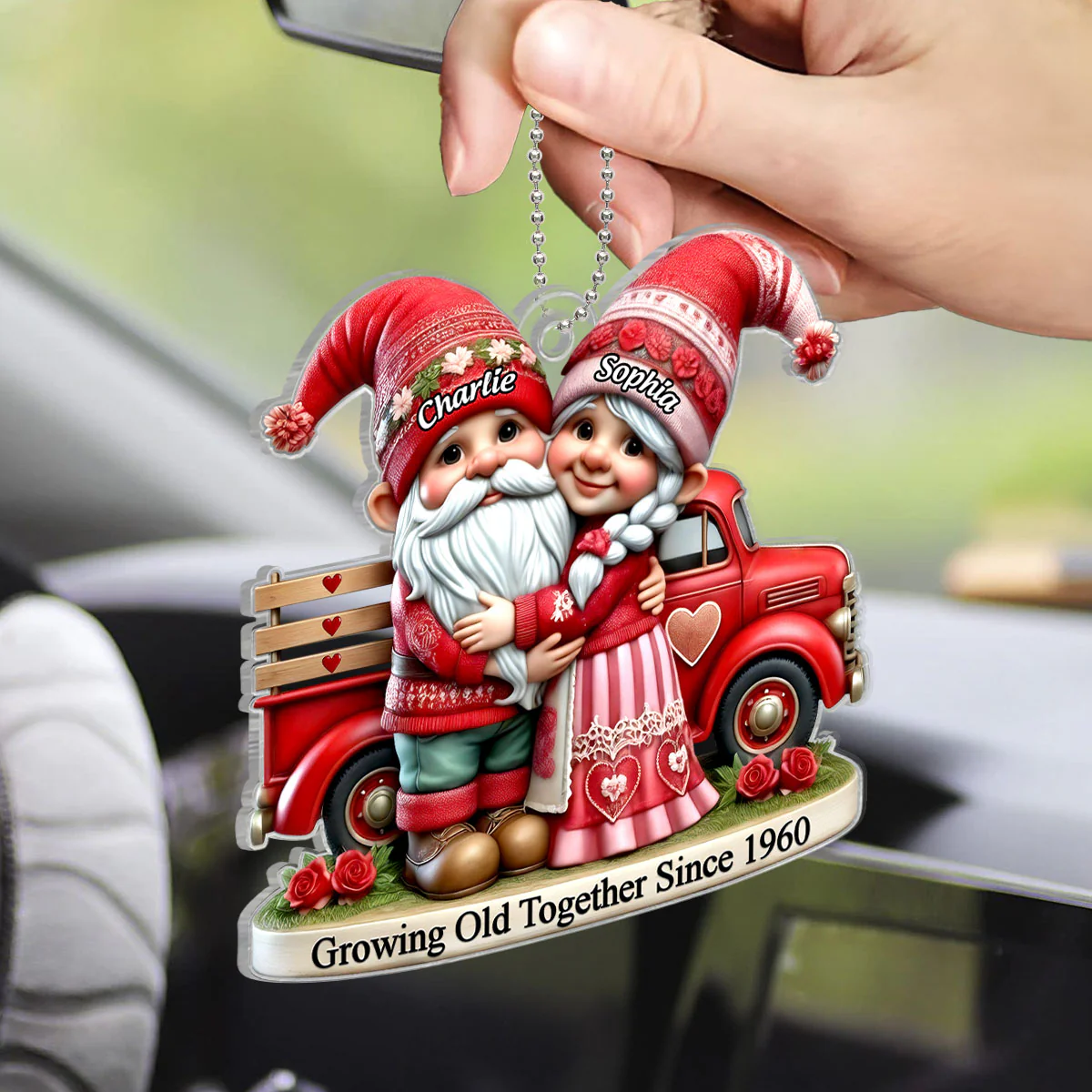 3D Effect Gnome Old Couple And Truck Personalized Car Hanger Ornament, Gift For Couple, For Him, For Her, Husband, Wife - Image 4