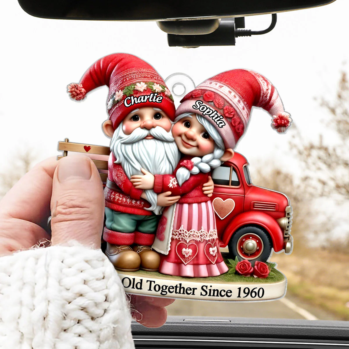 3D Effect Gnome Old Couple And Truck Personalized Car Hanger Ornament, Gift For Couple, For Him, For Her, Husband, Wife - Image 6