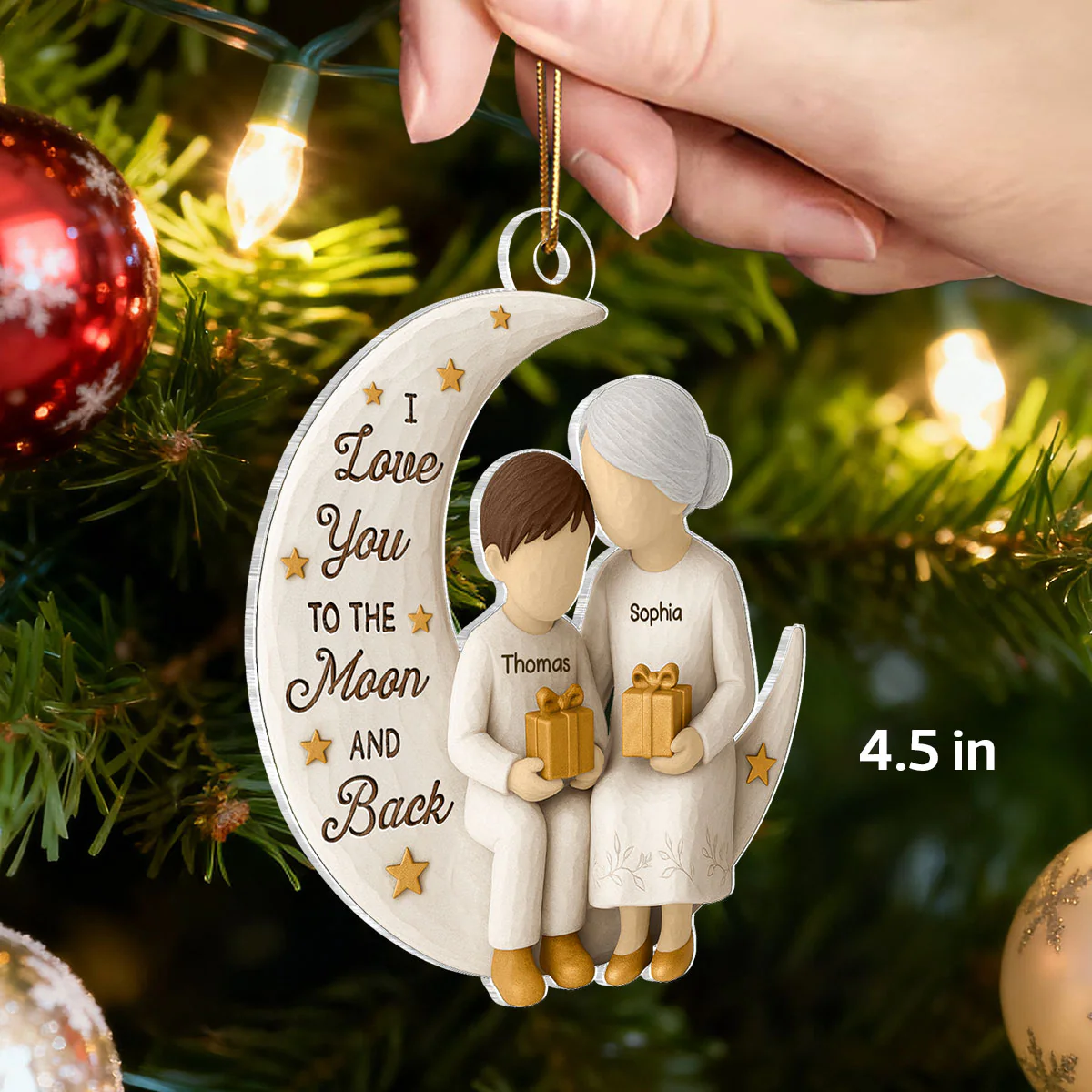3D Effect Golden Star Grandma Grandkid On Moon - Personalized Acrylic Ornament - Gift For Granddaughter, Grandson - Image 2