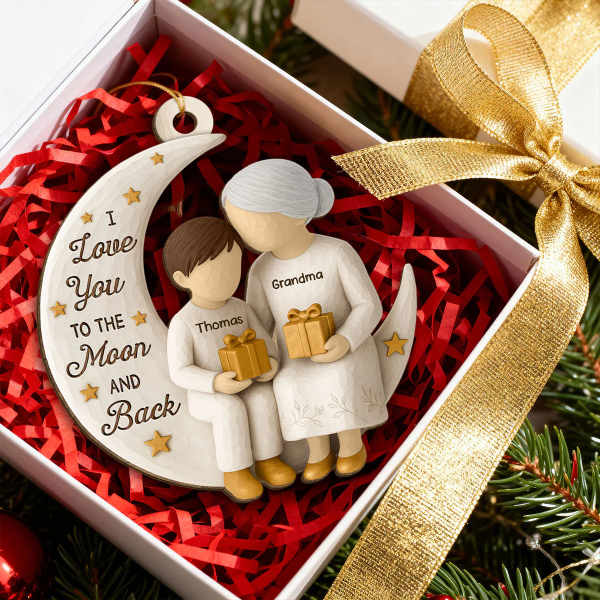 3D Effect Golden Star Grandma Grandkid On Moon - Personalized Wooden Ornament - Gift For Granddaughter, Grandson - Image 3