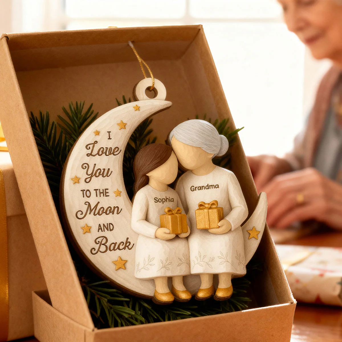 3D Effect Golden Star Grandma Grandkid On Moon - Personalized Wooden Ornament - Gift For Granddaughter, Grandson - Image 4