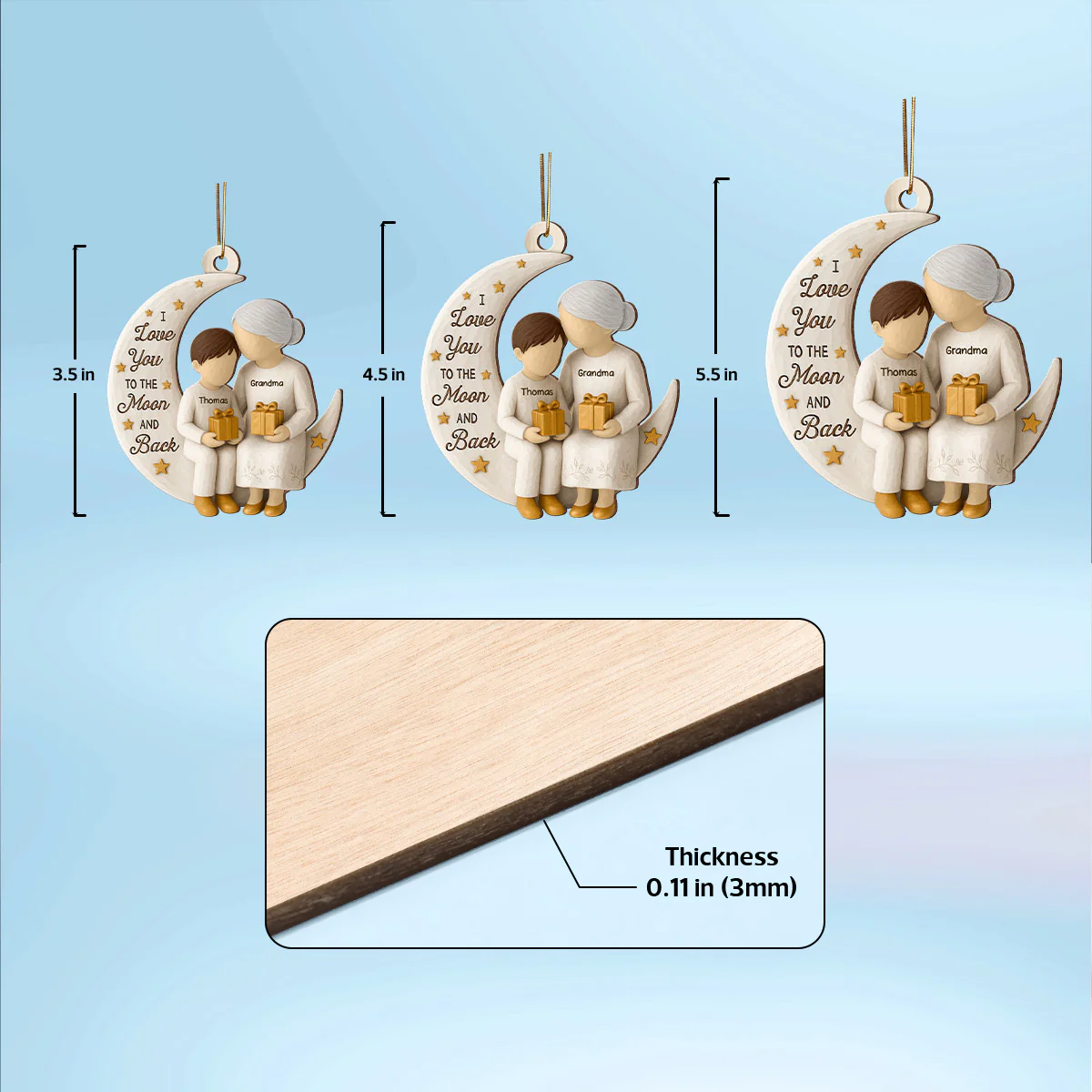 3D Effect Golden Star Grandma Grandkid On Moon - Personalized Wooden Ornament - Gift For Granddaughter, Grandson - Image 5