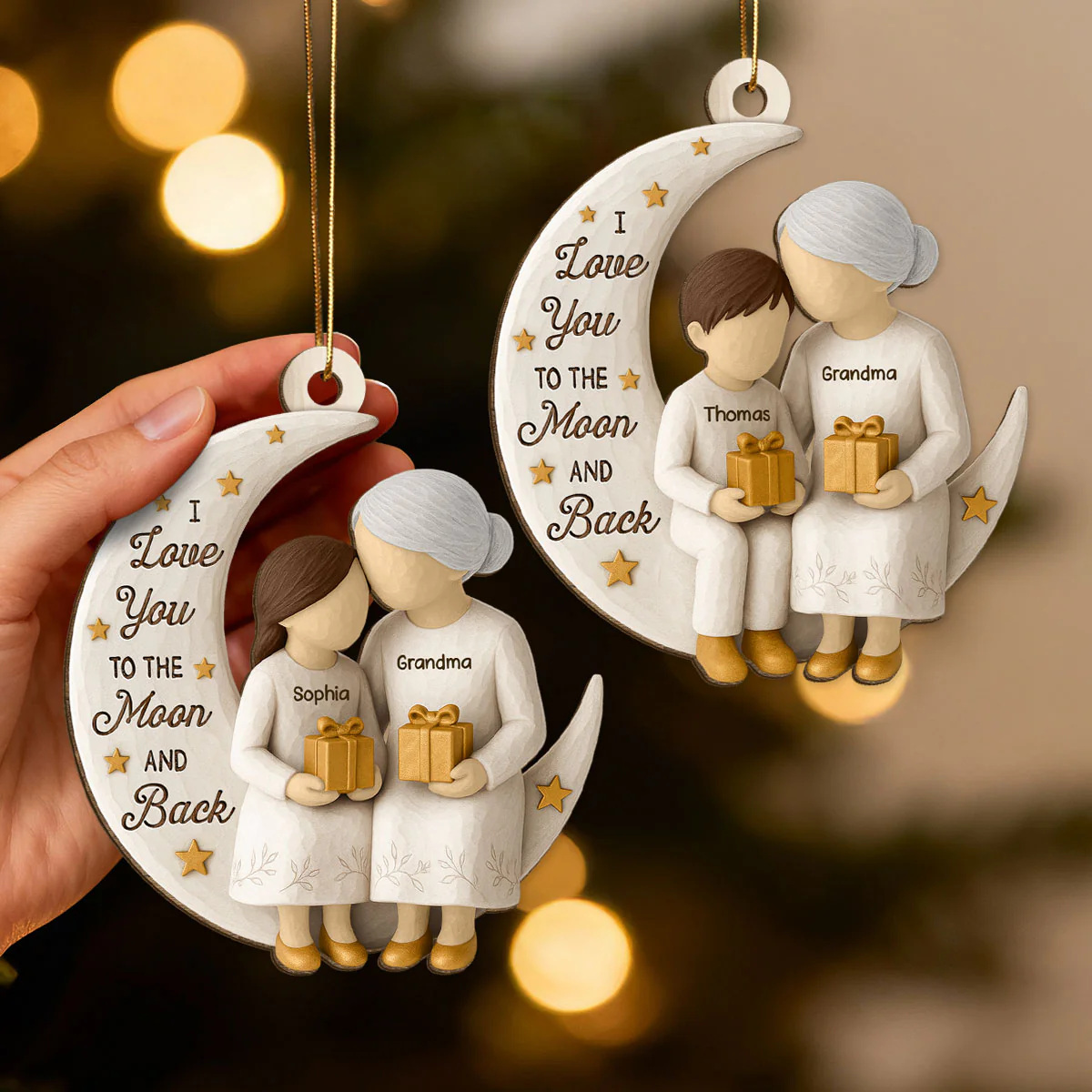 3D Effect Golden Star Grandma Grandkid On Moon - Personalized Wooden Ornament - Gift For Granddaughter, Grandson - Image 6