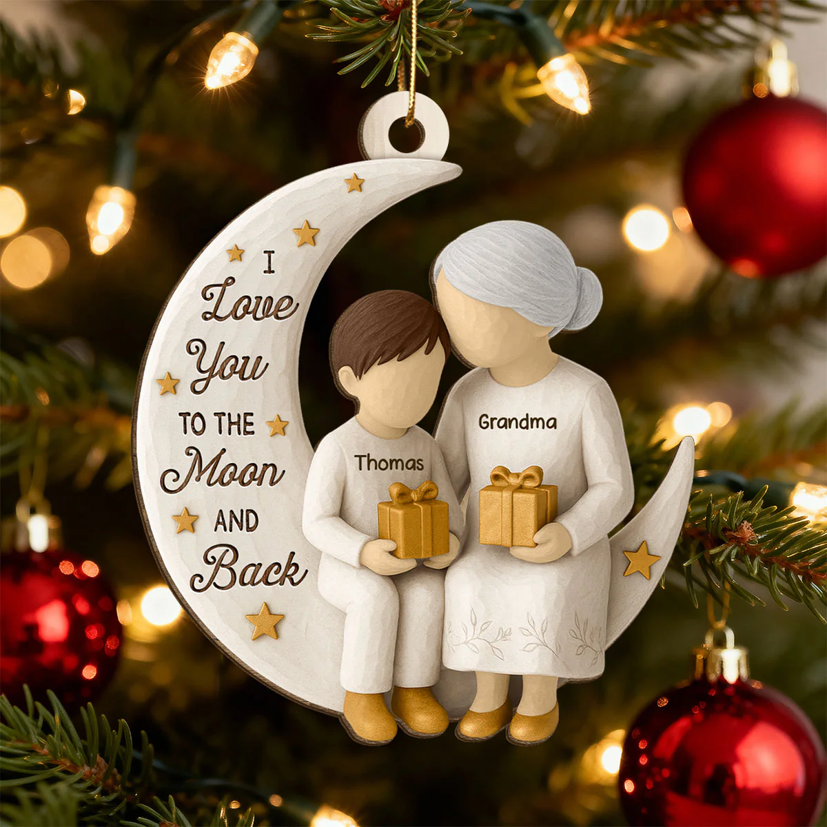 3D Effect Golden Star Grandma Grandkid On Moon - Personalized Wooden Ornament - Gift For Granddaughter, Grandson - Image 7
