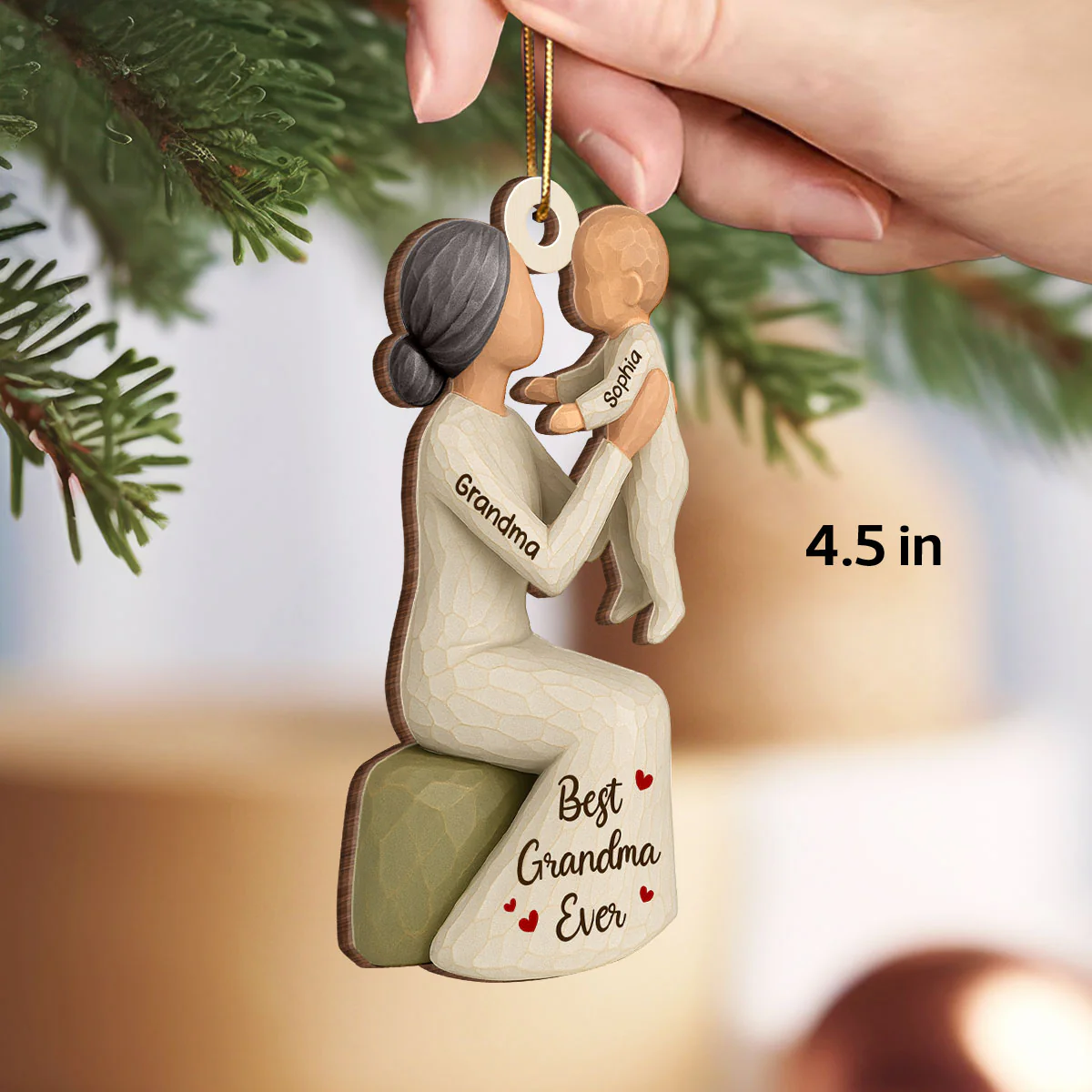 3D Effect Grandma Holding Grandkid - Personalized Wooden Ornament - Unique Christmas Gift for Grandma - Image 2