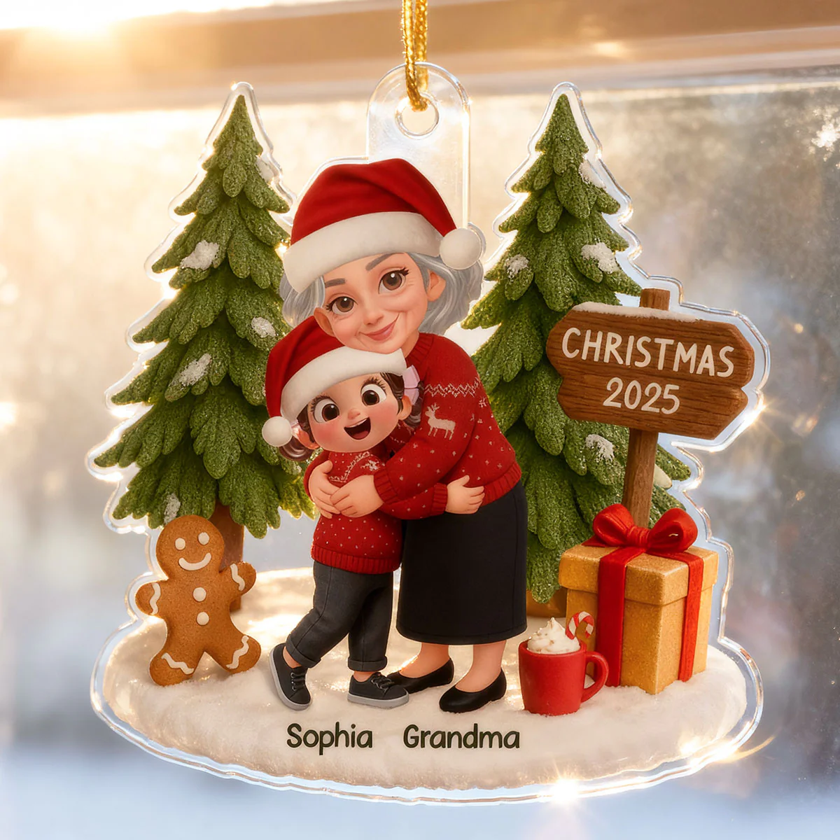 3D Effect Grandma Hugging Grandkid Festive Christmas - Personalized Acrylic Ornament - Gift For Grandkids - Image 6