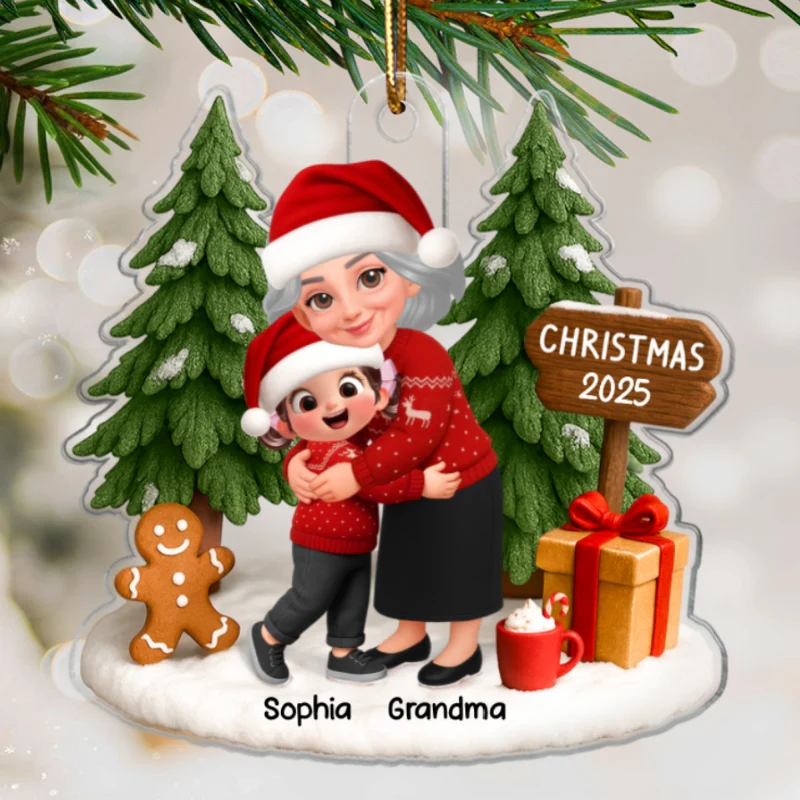 3D Effect Grandma Hugging Grandkid Festive Christmas - Personalized Acrylic Ornament - Gift For Grandkids - Image 8