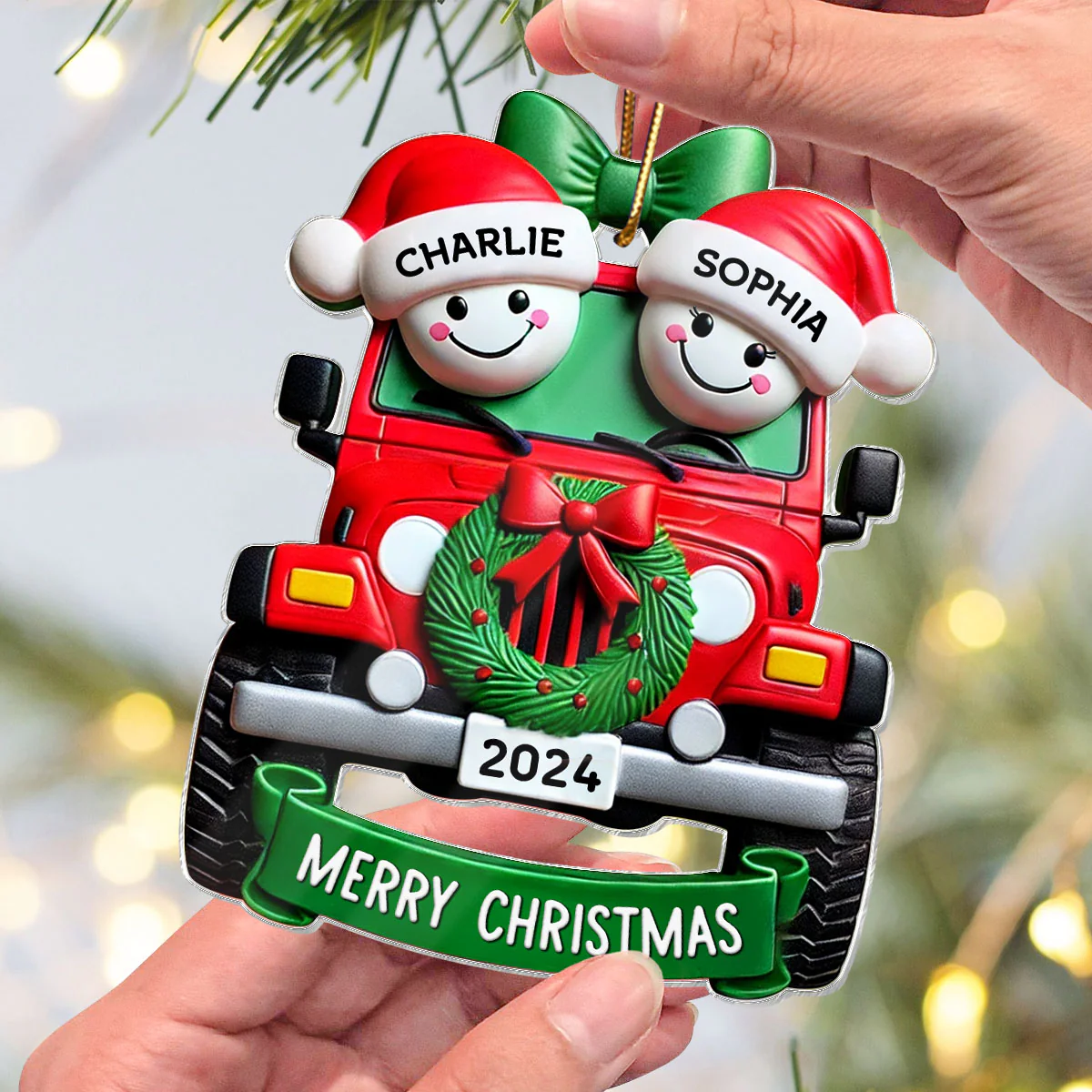 3D Effect Happy Couple On Christmas Car Personalized Acrylic Ornament - Image 2