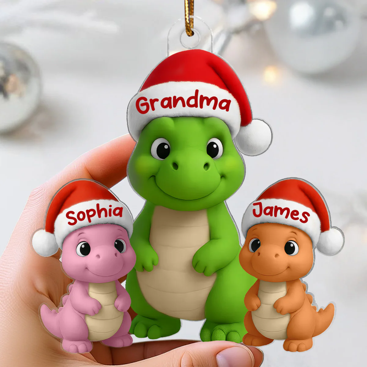 3D Effect Happy Grandmasaurus With Dinosaur Grandkids - Personalized Acrylic Ornament - Image 2
