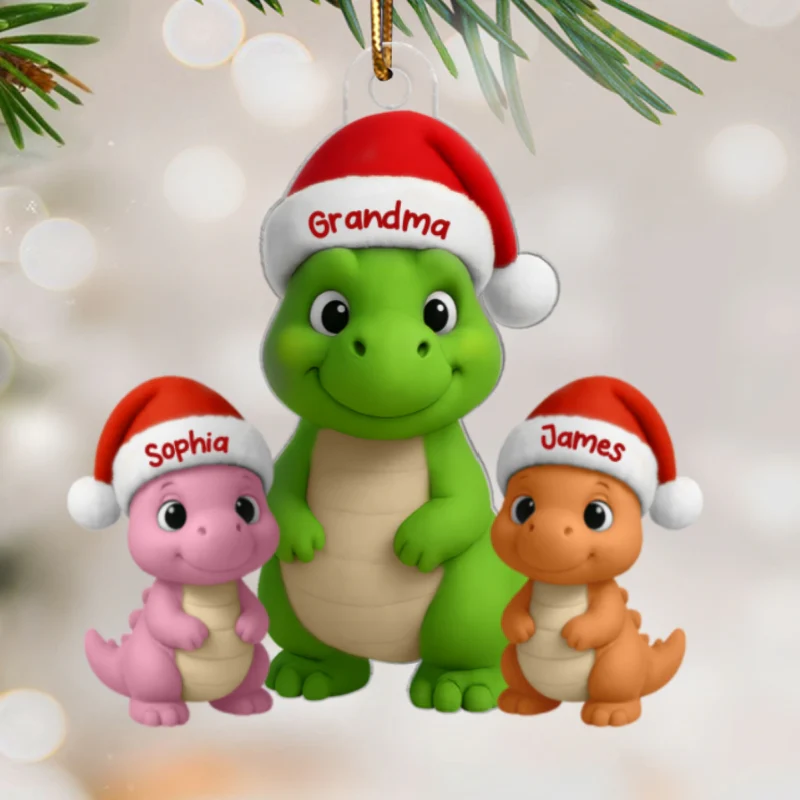 3D Effect Happy Grandmasaurus With Dinosaur Grandkids - Personalized Acrylic Ornament - Image 7