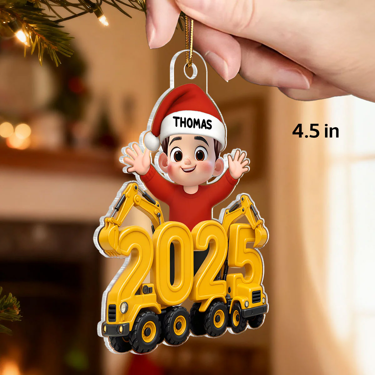 3D Effect Happy Kid With Excavator Numbers - Personalized Acrylic Ornament - Christmas Gift For Kids, Grandkids, Granddaughter, Grandson - Image 3