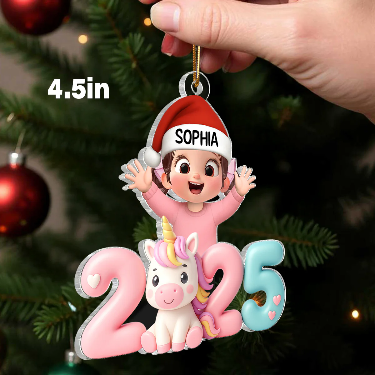 3D Effect Happy Kid With Unicorn Numbers - Personalized Acrylic Ornament - Christmas Gift For Kids, Grandkids, Granddaughter - Image 2