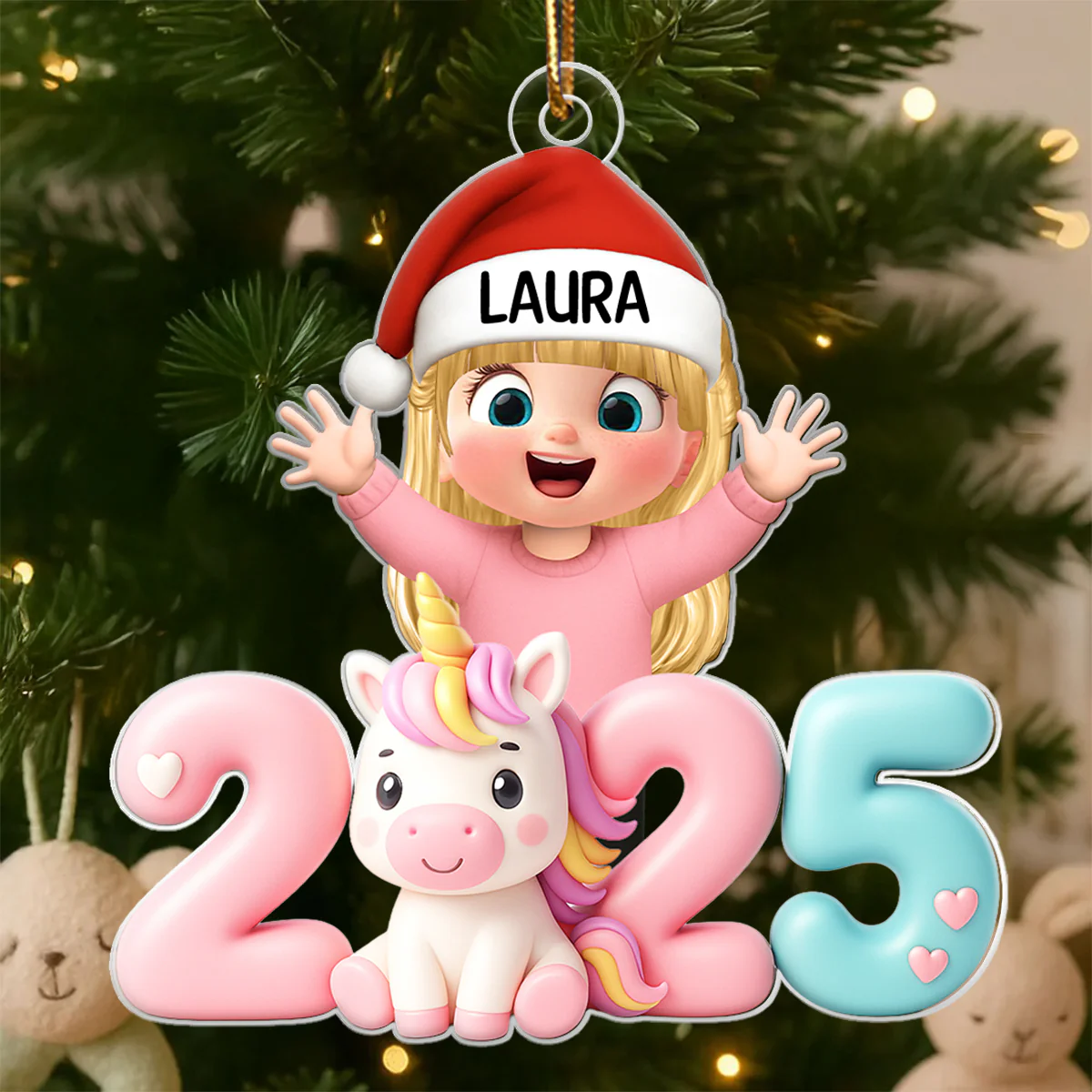 3D Effect Happy Kid With Unicorn Numbers - Personalized Acrylic Ornament - Christmas Gift For Kids, Grandkids, Granddaughter - Image 4