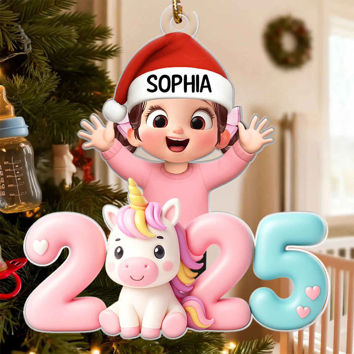 3D Effect Happy Kid With Unicorn Numbers - Personalized Acrylic Ornament - Christmas Gift For Kids, Grandkids, Granddaughter - Image 5