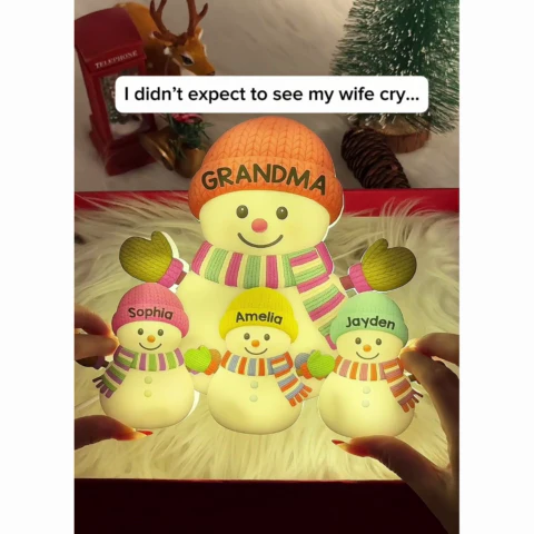 3D Effect Heartwarming Christmas Grandma Grandkids Snowman Together - Personalized Light Box - Gift For Grandmas - Image 3