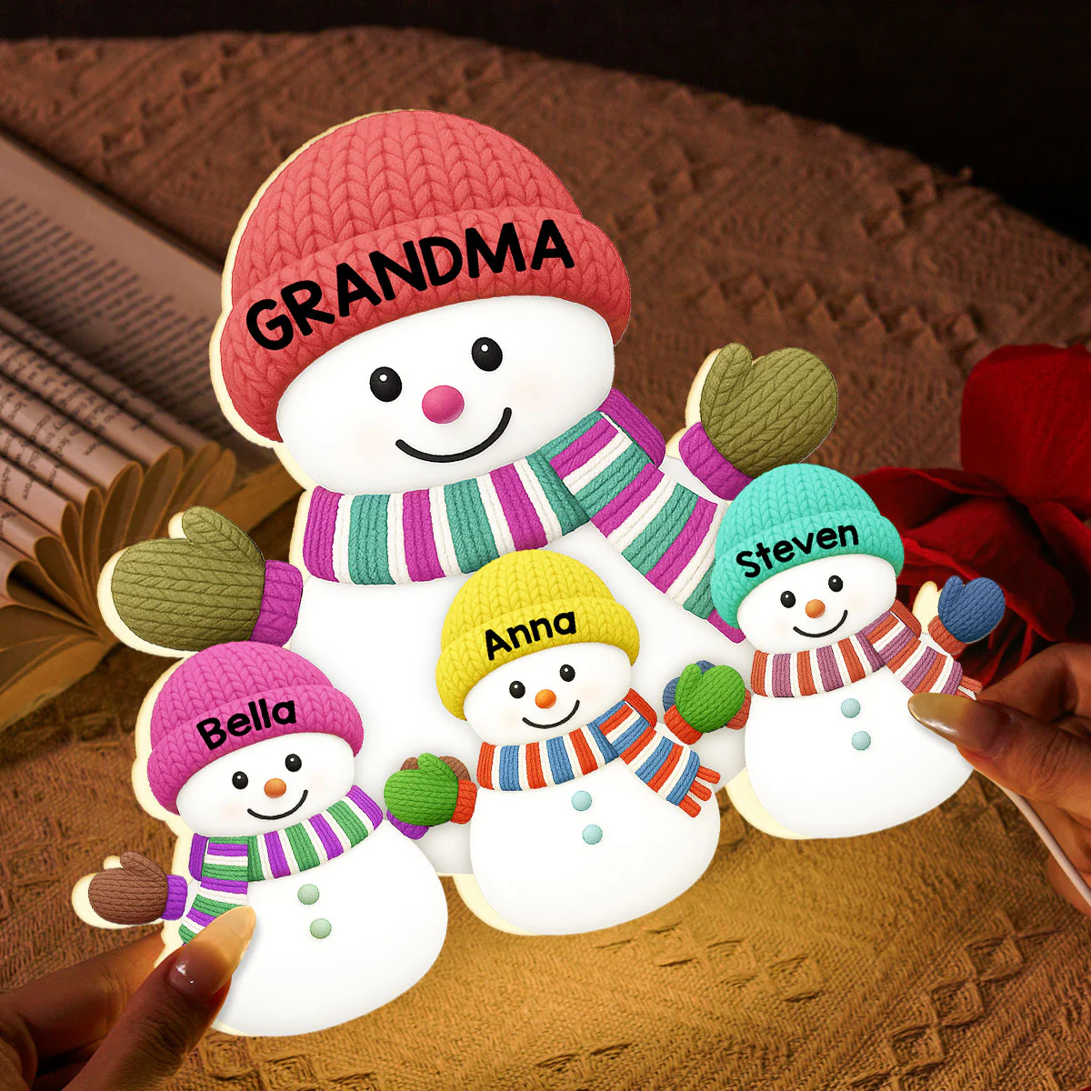 3D Effect Heartwarming Christmas Grandma Grandkids Snowman Together - Personalized Light Box - Gift For Grandmas - Image 6