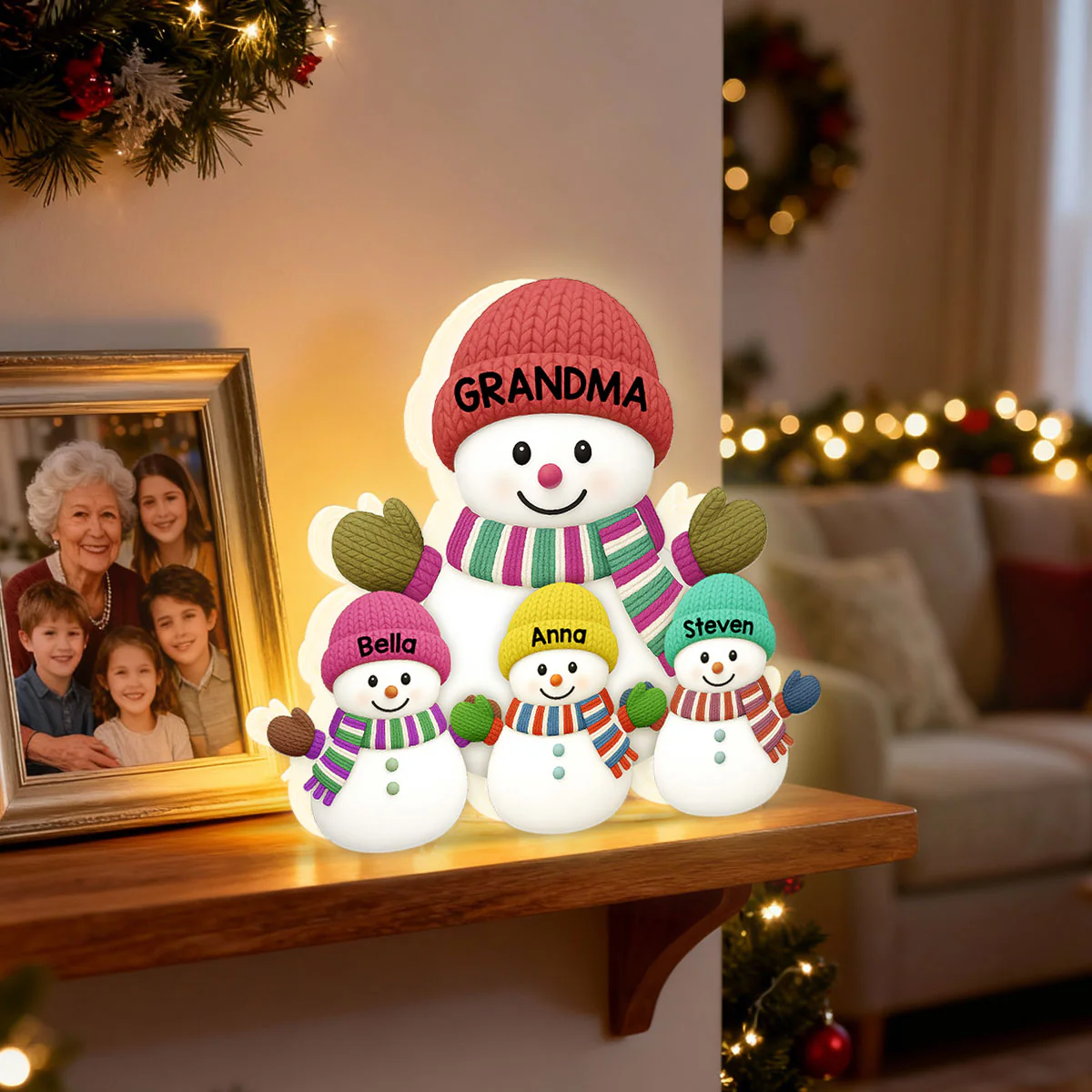 3D Effect Heartwarming Christmas Grandma Grandkids Snowman Together - Personalized Light Box - Gift For Grandmas - Image 7